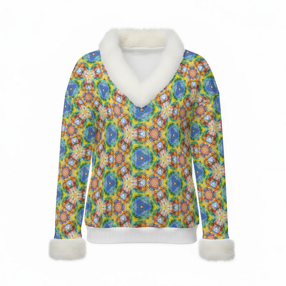 Women's Faux Knit V-Neck Sweater Top with Fur Trim