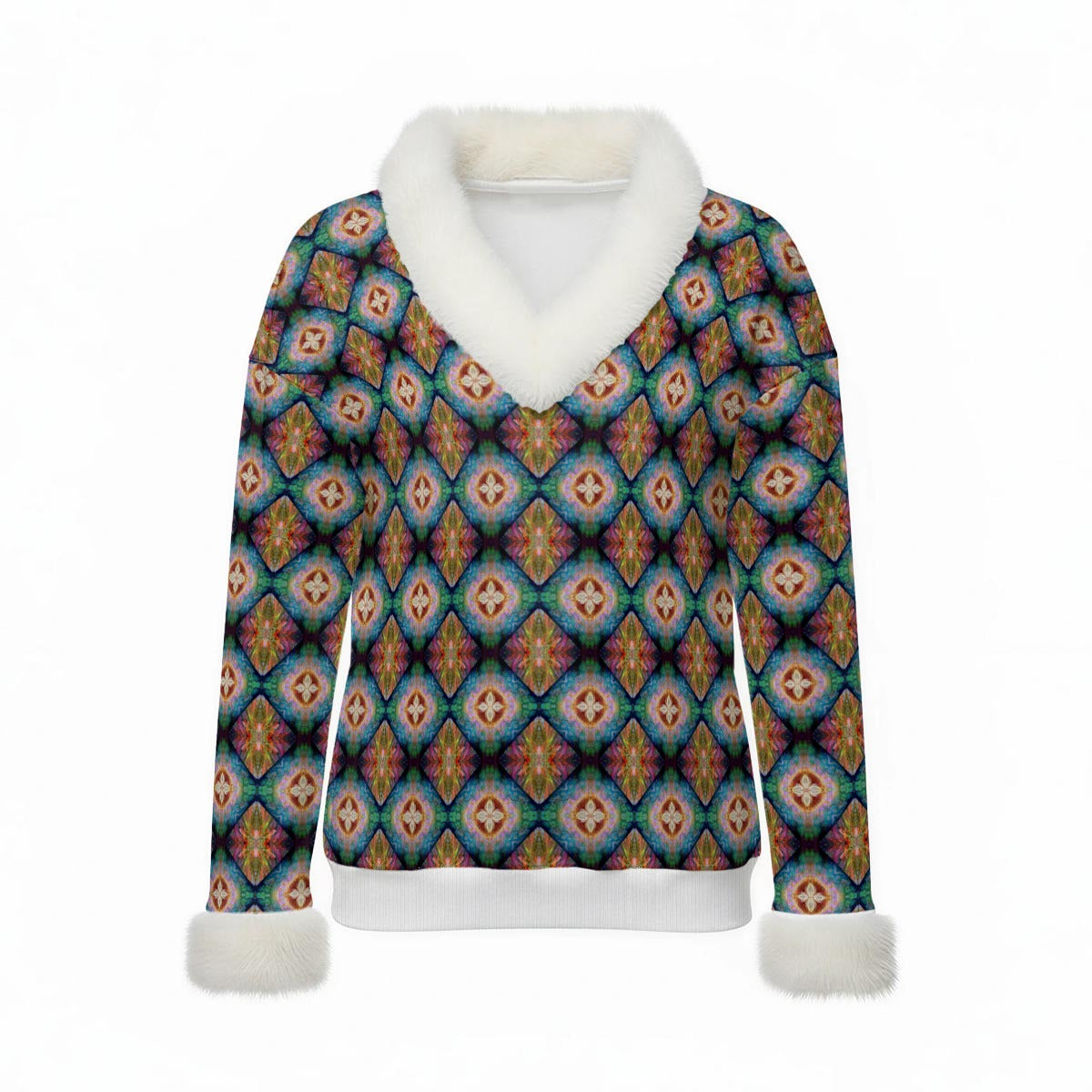 Women's Faux Knit V-Neck Sweater Top with Fur Trim