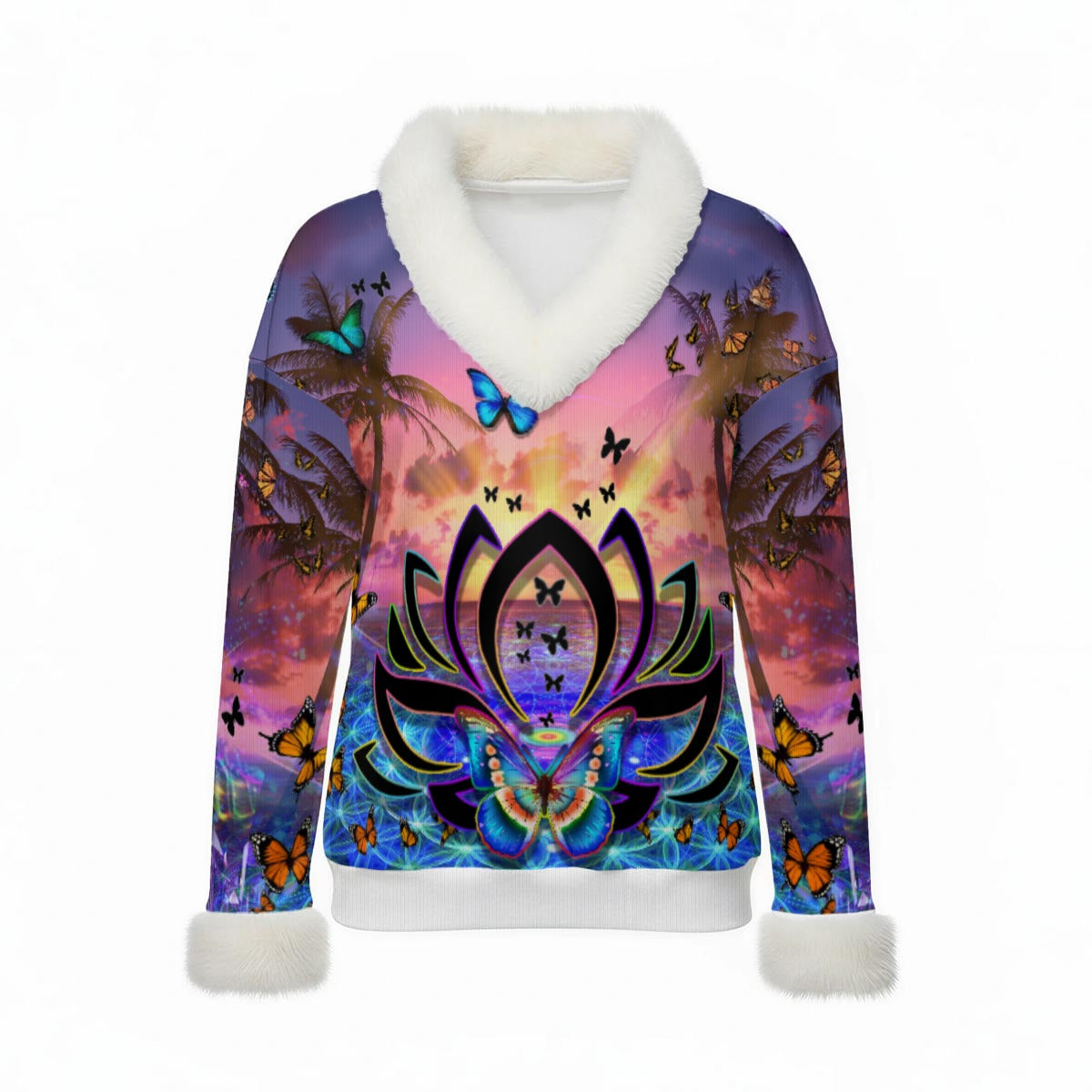 Women's Faux Knit V-Neck Sweater Top with Fur Trim