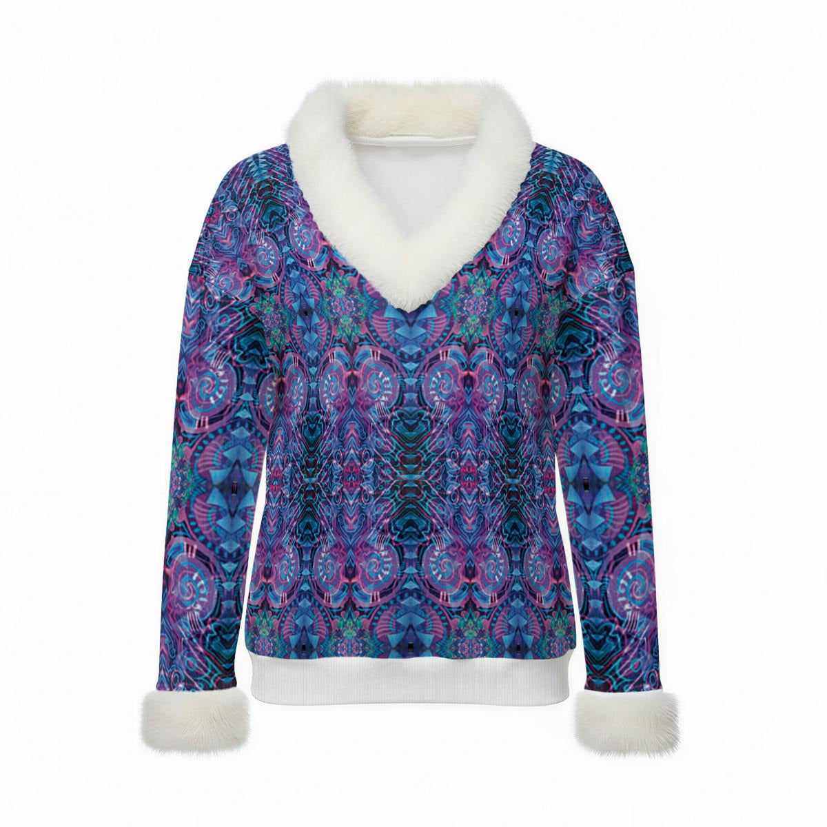 Women's Faux Knit V-Neck Sweater Top with Fur Trim