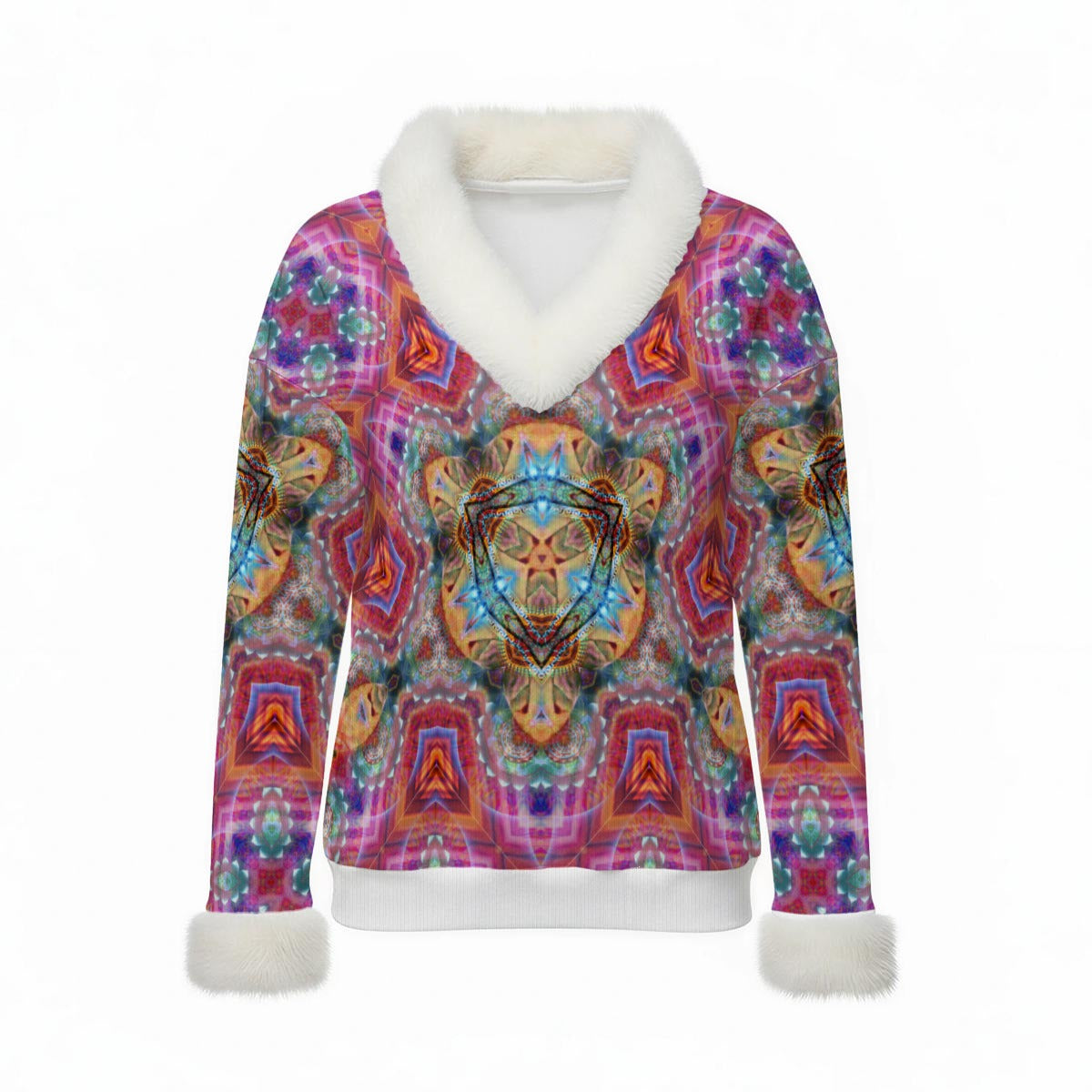 Women's Faux Knit V-Neck Sweater Top with Fur Trim